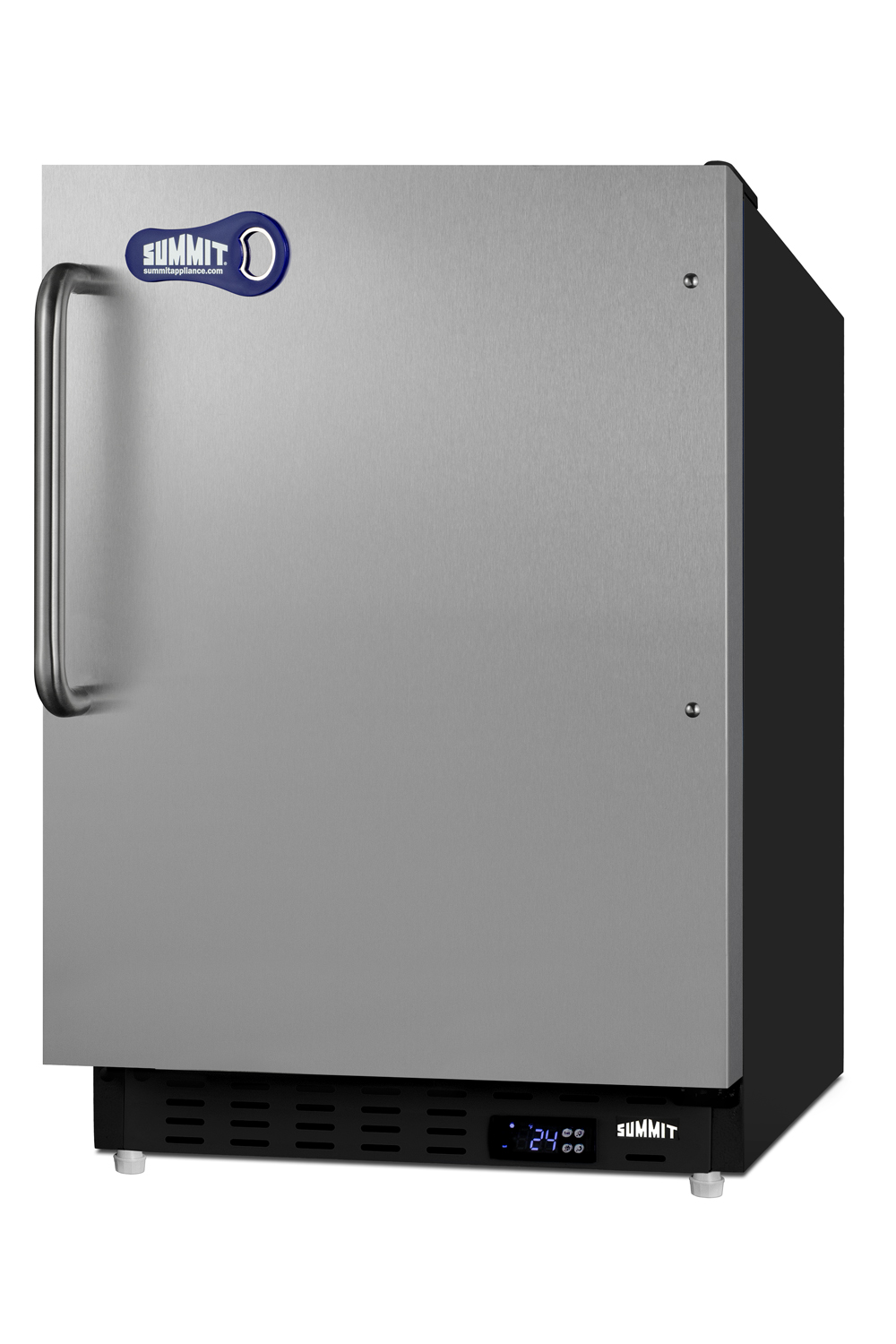 COLD CAVERN beer froster, Summit's built-in undercounter ADA compliant freezer that stores aluminum bottled beer at 24 F; manual defrost operation with SS door, towel bar handle, and black cabinet finish